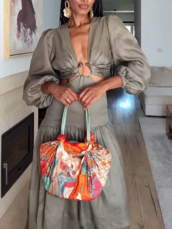 Hollow Out Side Slit Bubble Sleeve Maxi Dress