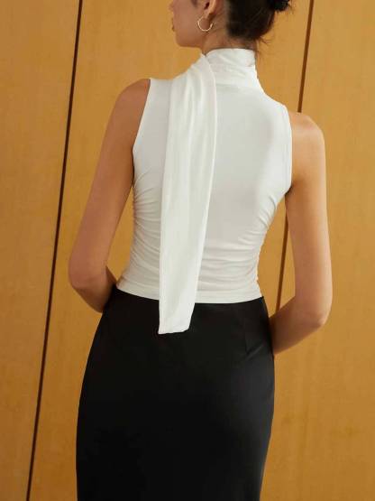 Swing Collar Scarf Design Sleeveless T-shirt