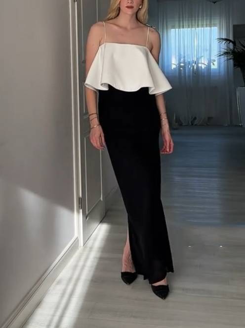 Black And White Color Contrast Fake Two-piece Sling Dress