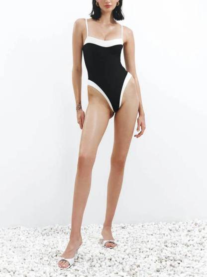 Minimalist Black And White Color Contrast One Piece Swimsuit