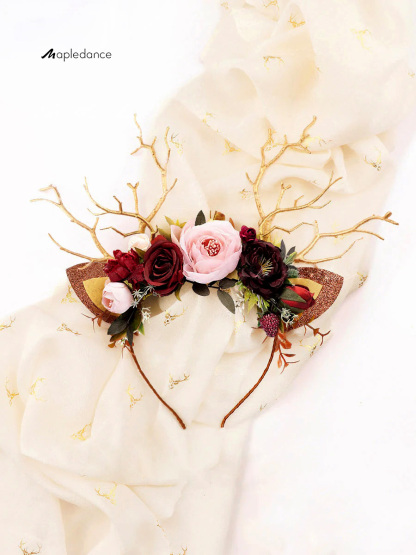 Burgundy Flower Christmas Reindeer Headband
