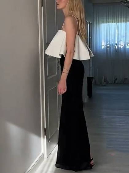 Black And White Color Contrast Fake Two-piece Sling Dress