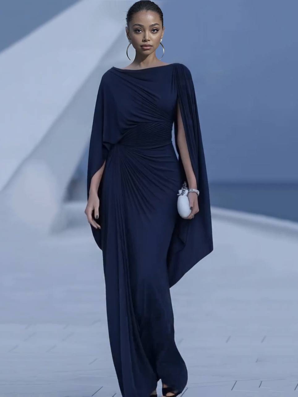 Boat Neck Pleated Slim Fit Maxi Dress