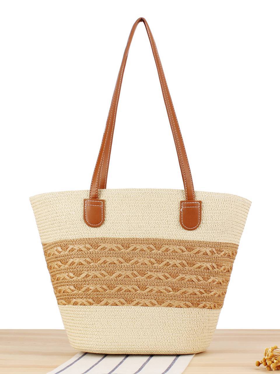Contrast Color Straw Tote Bag
