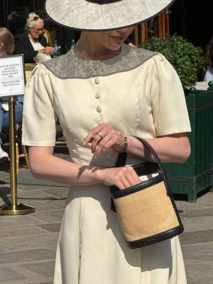 Elegant Retro Round Neck Puff Sleeve High Waist Midi Dress