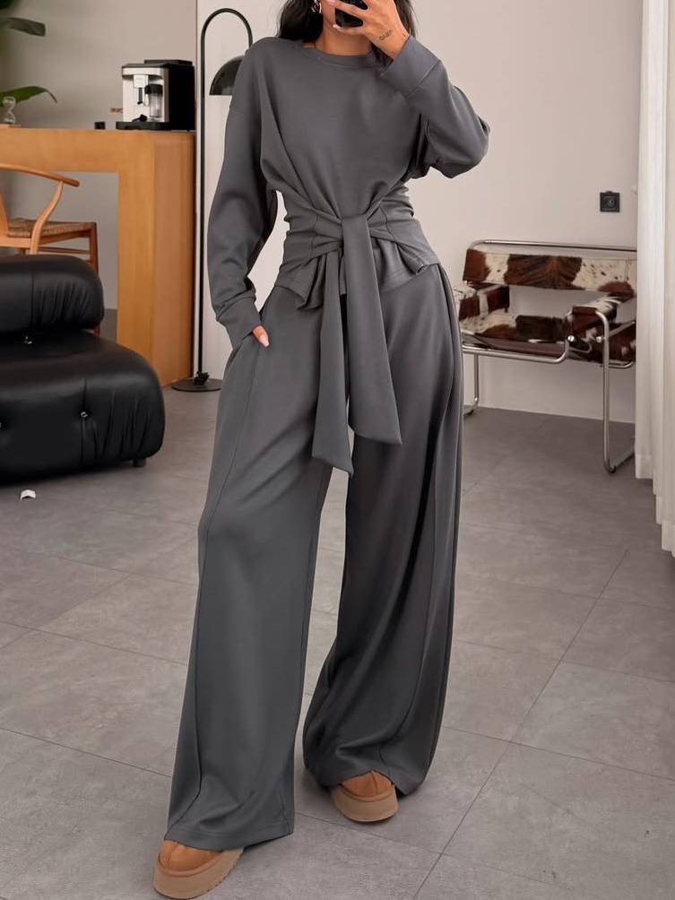 Lace-Up Design Pullover And Wide Leg Pants Suit