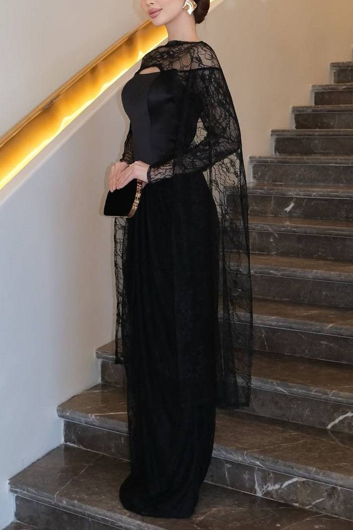 Lace Cape Off-shoulder Long Sleeve Maxi Dress