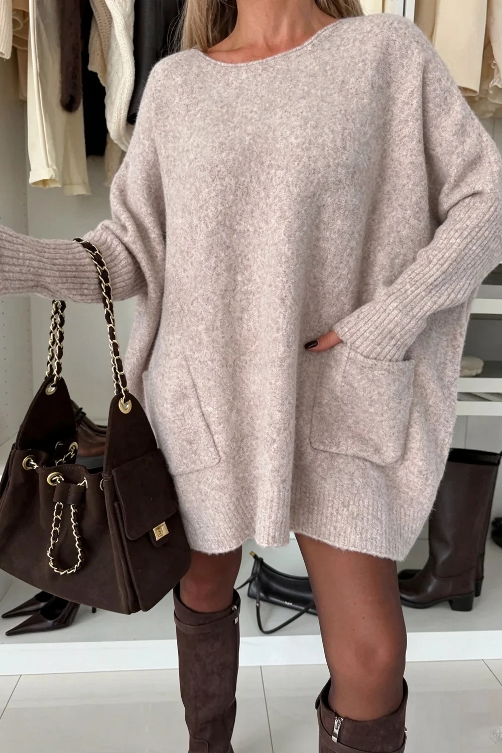 Women's Oversized Drop Shoulder Crew Neck Knit Sweater with Front Pockets