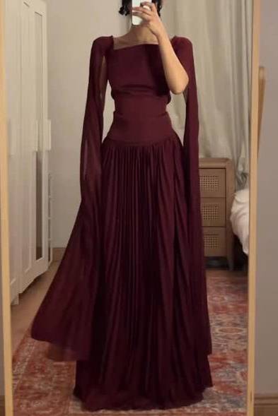 Shawl Sleeve Pleated Maxi Dress