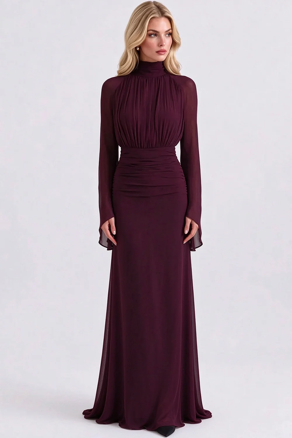 High Neck Pleated Bodice Flared Sleeve Ruched Maxi Evening Dress [erp-image:2b08c7a0395b937fea6d6c50]