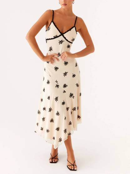 Lace-edged Floral Sling Midi Dress