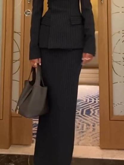 Striped Slim Fit Blazer And Skirt Suit-Skirt