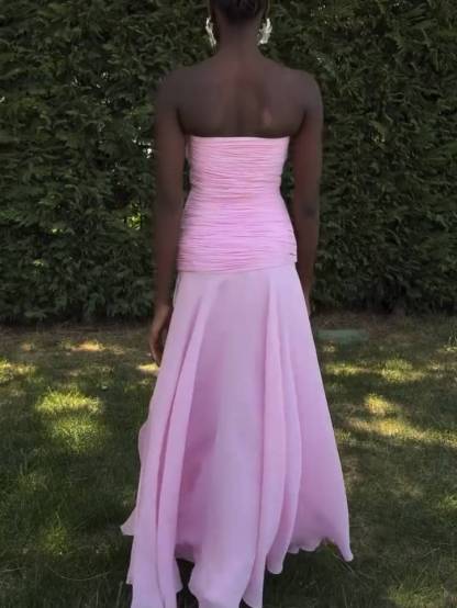 Tube Top Pleated Hip-hugging Loose Hem Maxi Dress