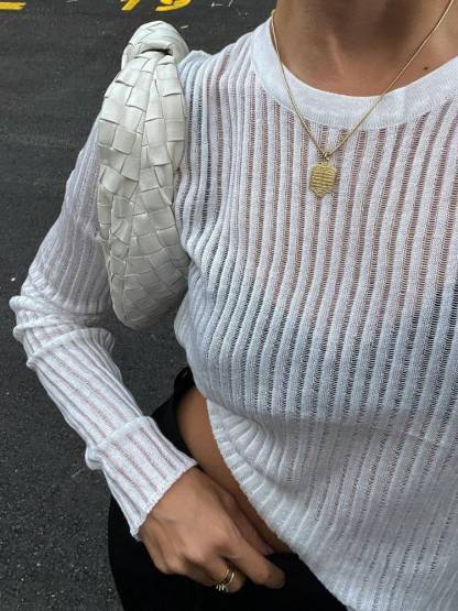 See-through Slim-fit Crewneck Long-Sleeved Thin Sweater