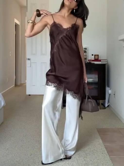 Lace Bevel Hem Sling Dress And Wide-leg Pants Suit - Pants