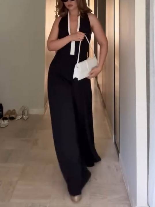 Deep V-neck Black And White Contrast Color Jumpsuit
