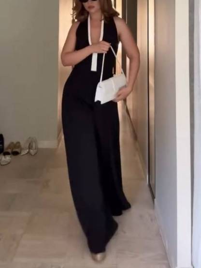 Deep V-neck Black And White Contrast Color Jumpsuit