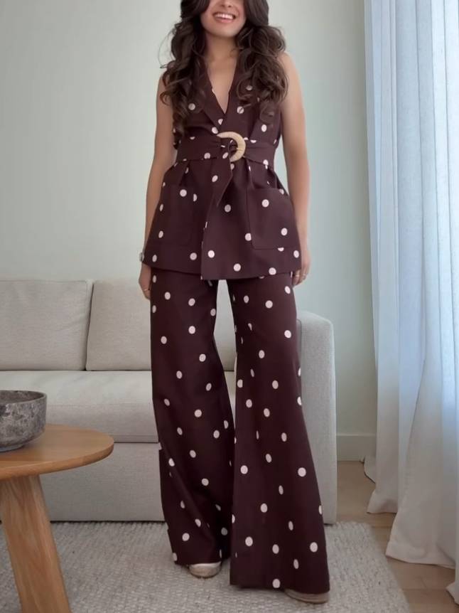 Classic Retro Polka Dot Vest And Wide Leg Pants Set - Vest