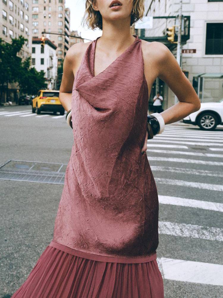 Irregular Pleated Design Swing Collar Stitching Maxi Dress