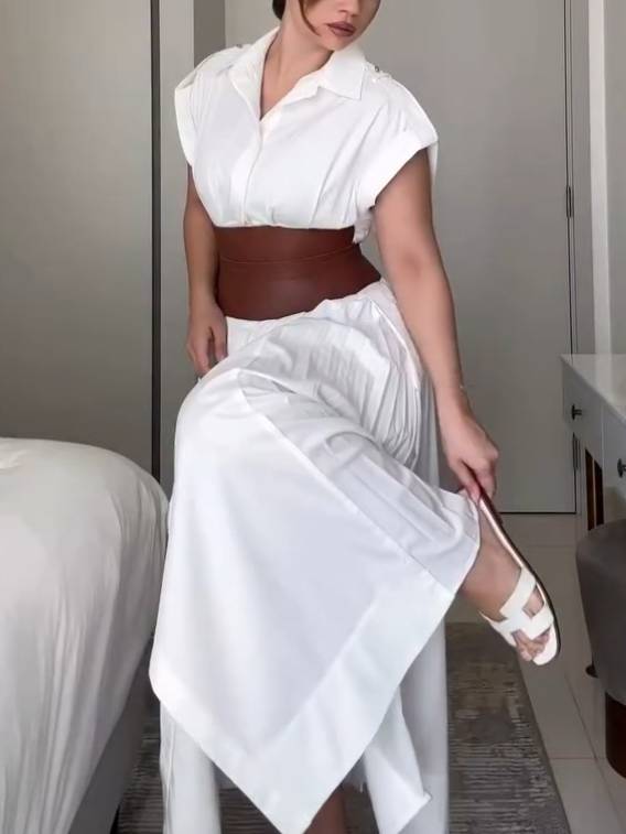 Minimalist Military Style High-Waisted Shirt Dress