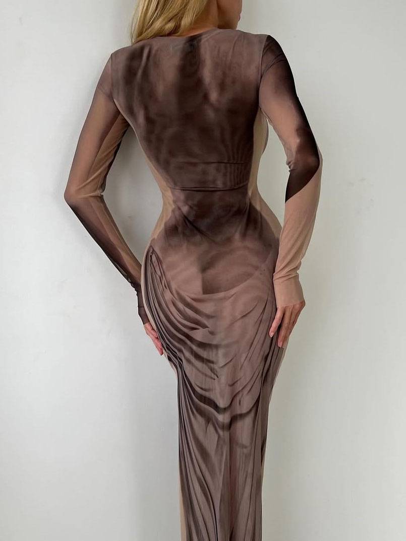 Printed Side Slit Long-Sleeved Maxi Dress