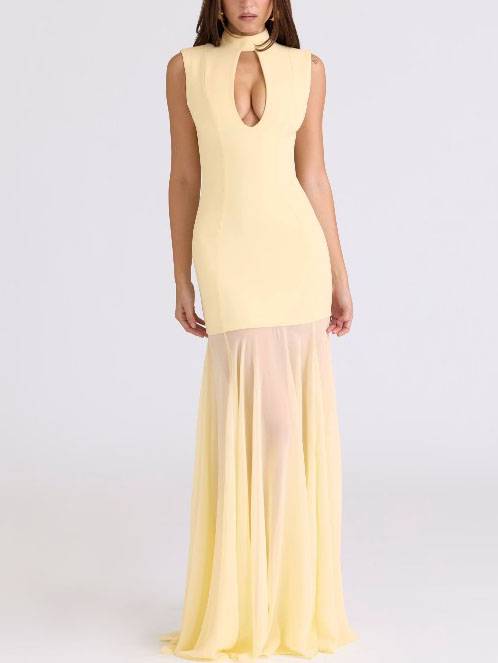 Hollow Design Tulle Splicing Maxi Dress