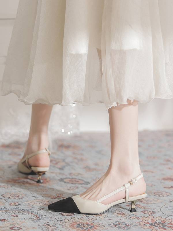 Elegant French Color Contrast Heeled Slingback