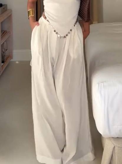 Tube Top Lace-Up Irregular Top And Wide Leg Pants Suit-Pants