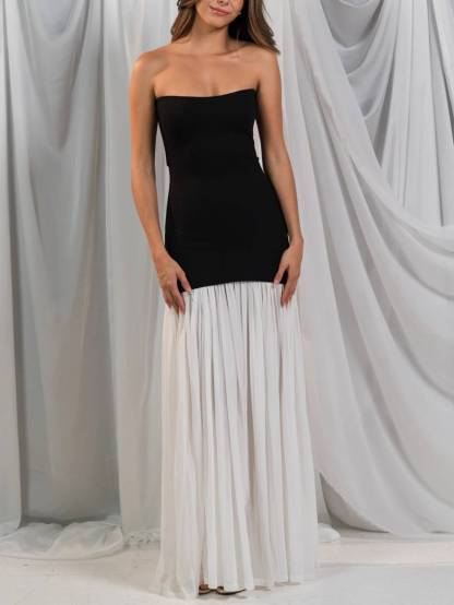 Elegant Slim-fit Tube Top Pleated Hem Maxi Dress