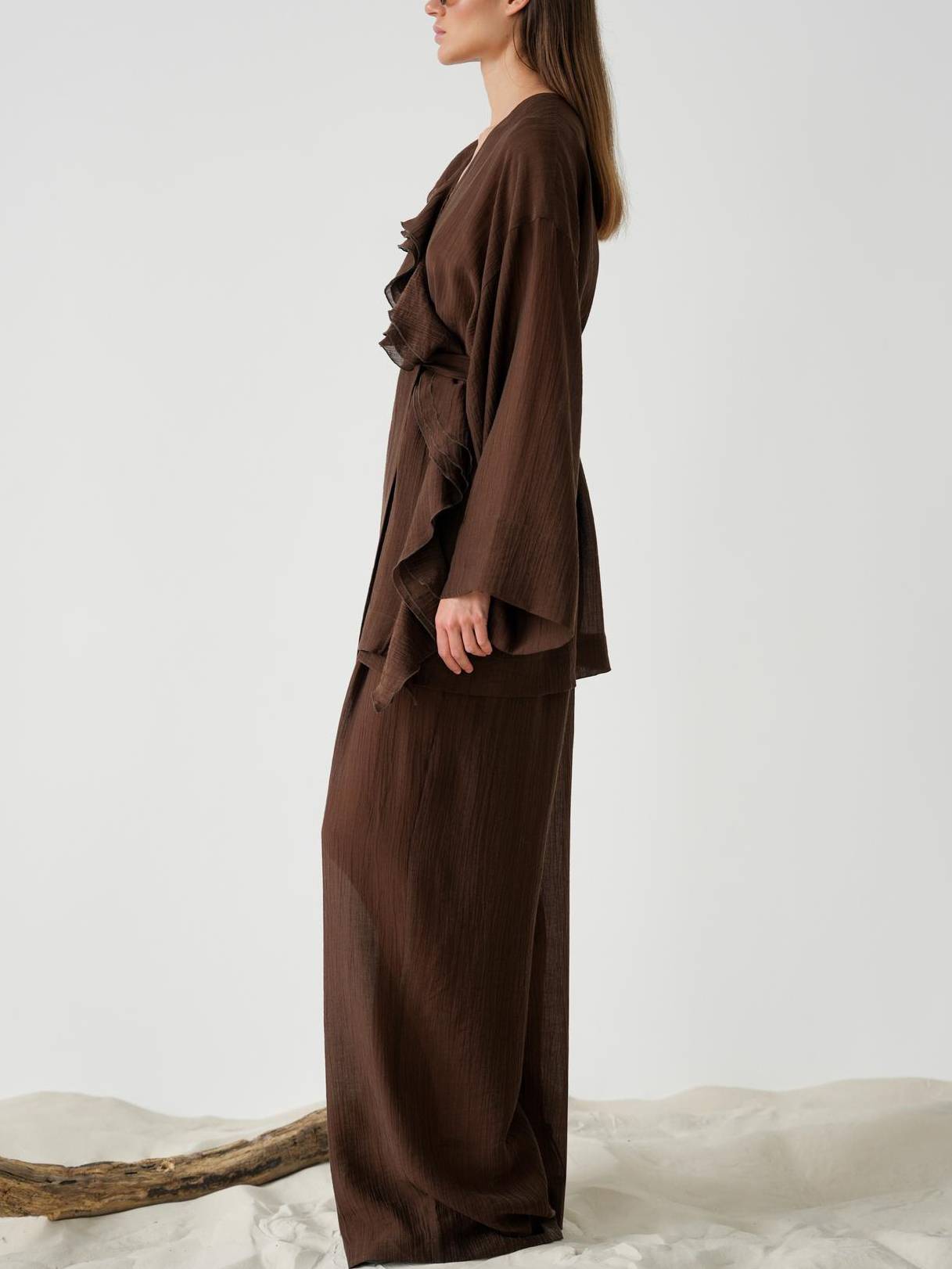 Ruffled Loose Belt Shirt And Wide Leg Pants Suit-Pants