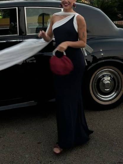 Contrast Color Oblique Shoulder Ribbon Dress