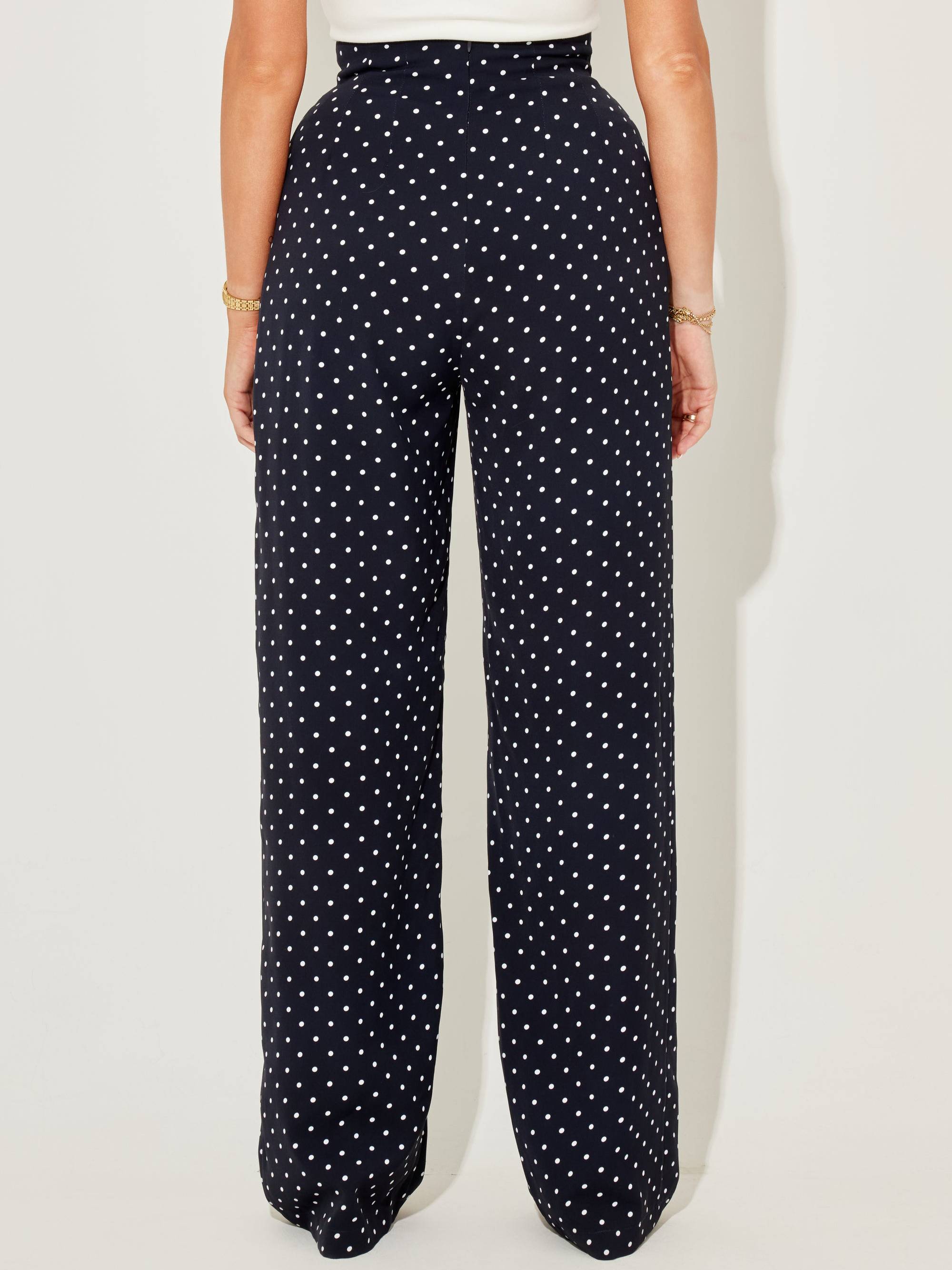 Vintage Polka Dot Halterneck Lace-up Top And Wide Leg Pants Suit-Pants