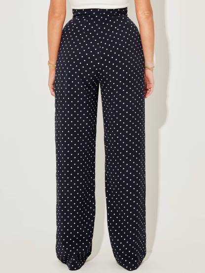 Vintage Polka Dot Halterneck Lace-up Top And Wide Leg Pants Suit-Pants