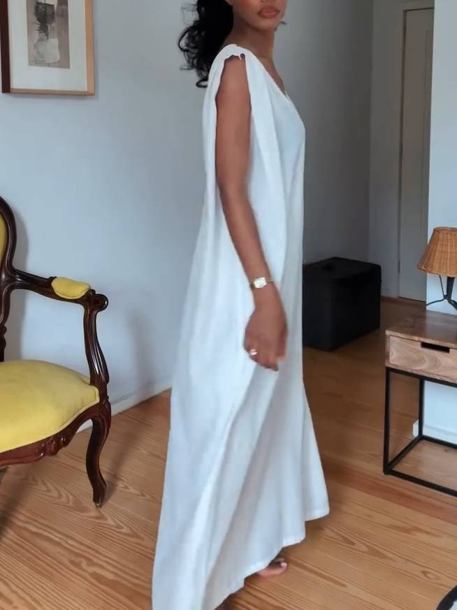 V-neck Loose Dress And Wide Leg Pants Suit (Belt Not Included)