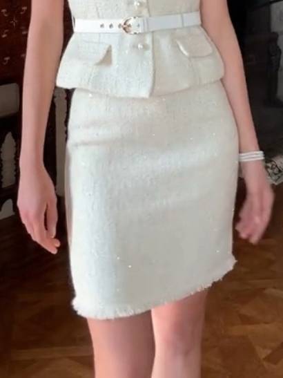 Elegant Chanel Style Short-sleeved Back Slit Top And Skirt Suit - Skirt