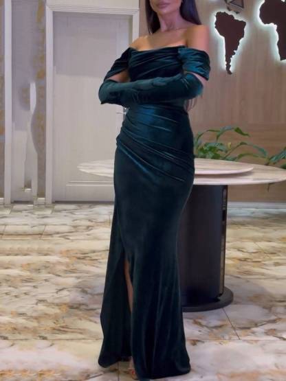 Velvet Off-Shoulder Pleated Slit Maxi Dress