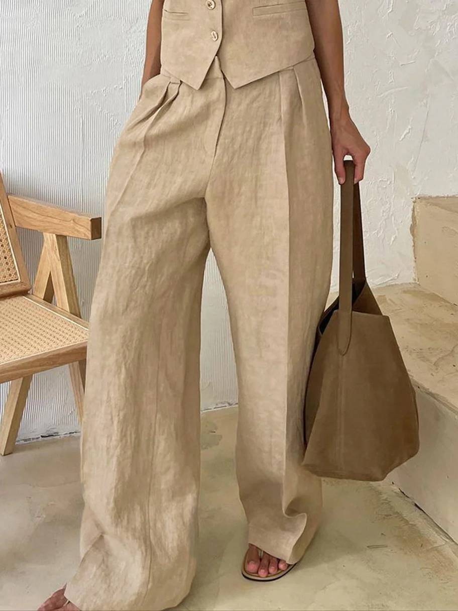 Cotton Linen Vest And Wide Leg Pants Suit-Pants