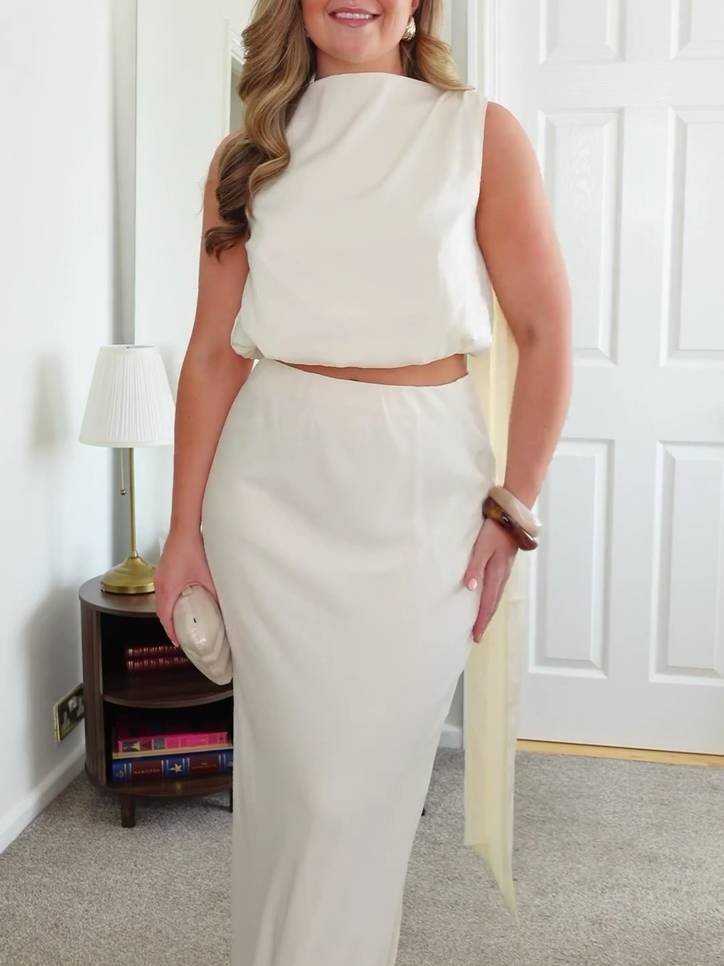 Minimalist Ribbon Top And Skirt Suit-Top