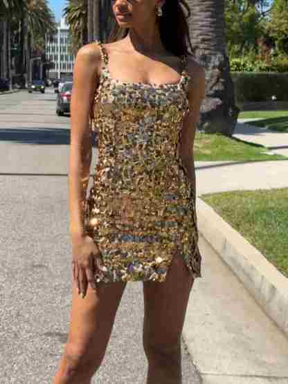 Light Luxury Glitter Sling Slit Mini Dress