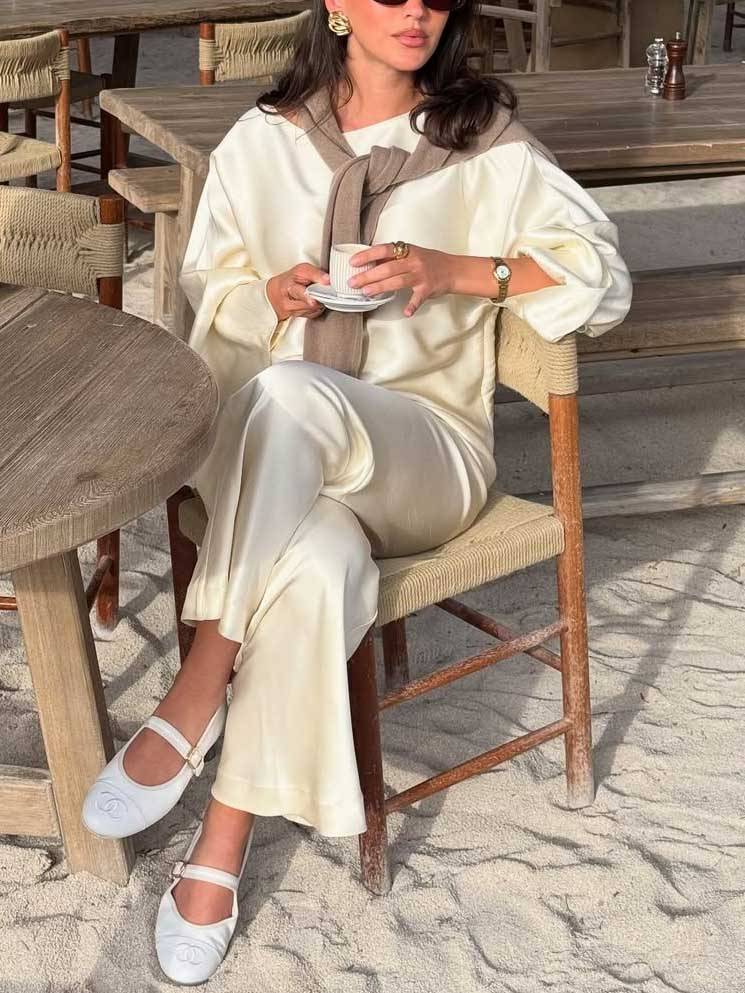 Minimalist Old Money Crewneck Shirt And Wide Leg Pants Suit-ShirtPants