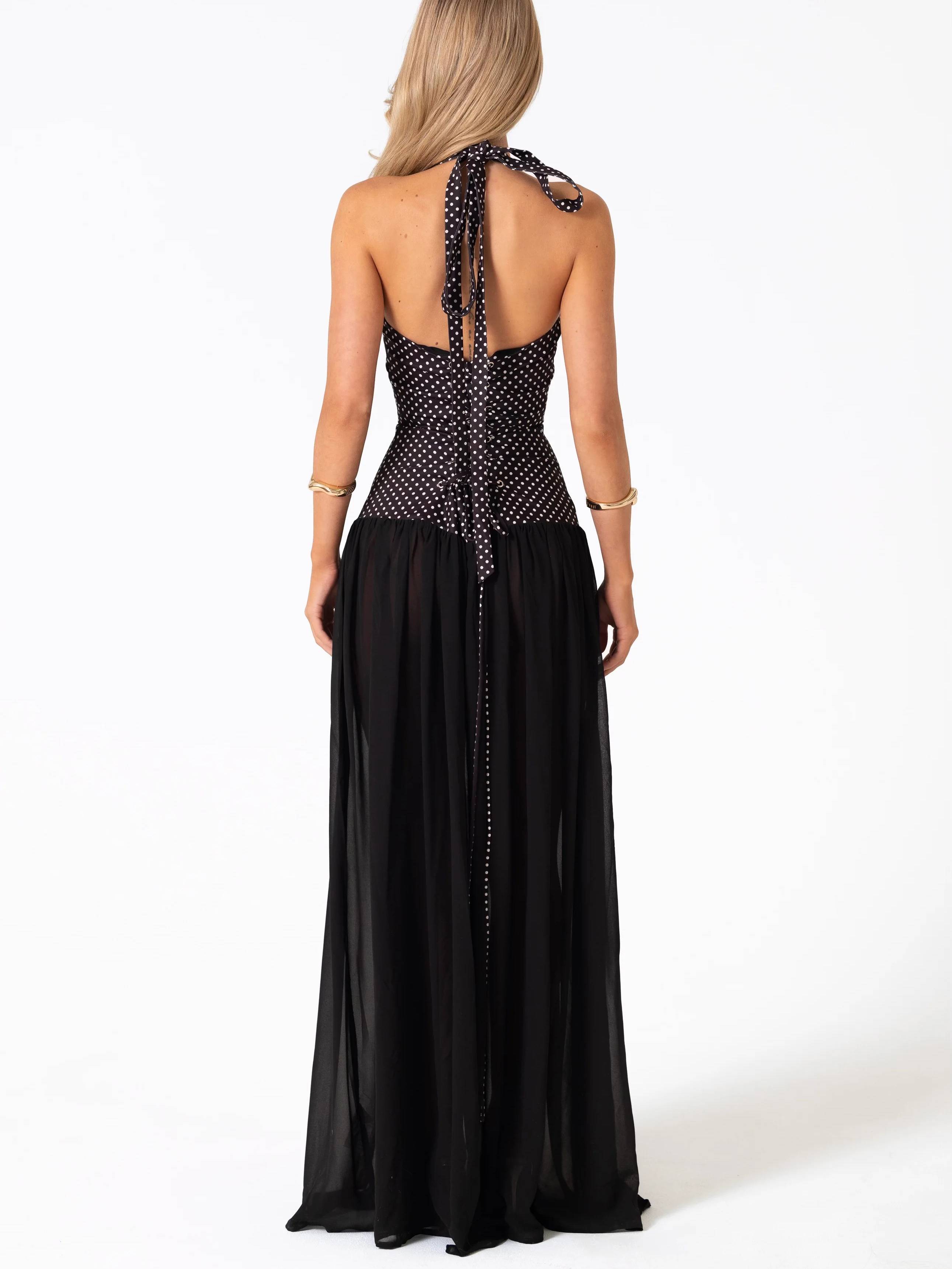 Retro Polka Dot Halter Neck Lace-up Scarf Maxi Dress