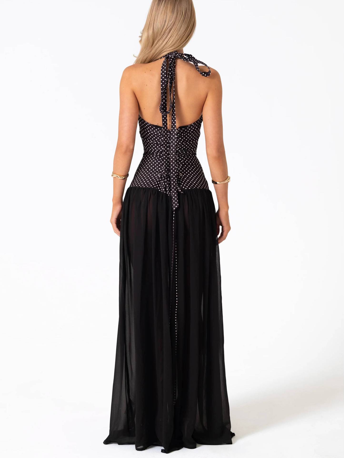 Retro Polka Dot Halter Neck Lace-up Scarf Maxi Dress