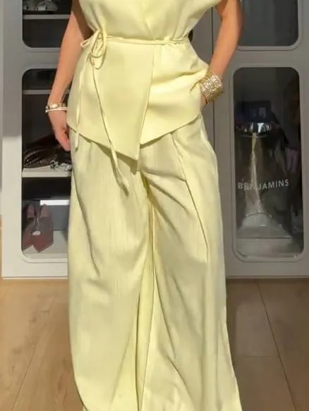 Minimalist Vest And Wide Leg Pants Suit-Pants