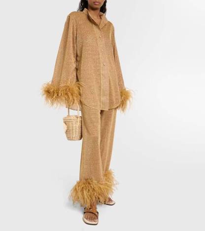 Feather Stand Collar Shirt Wide-leg Pants Suit