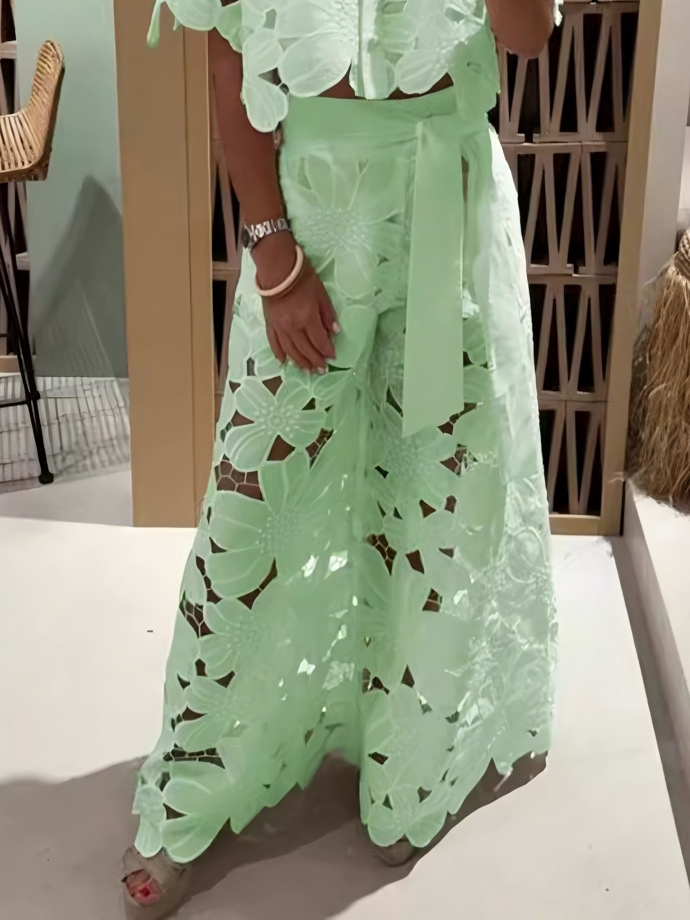 Exquisite Floral Embroidered Hollow Lace Wide-Leg Pants