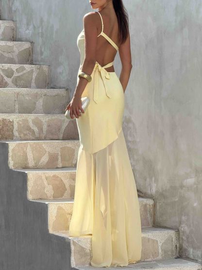 Elegant One Shoulder Sheer Hem Maxi Dress