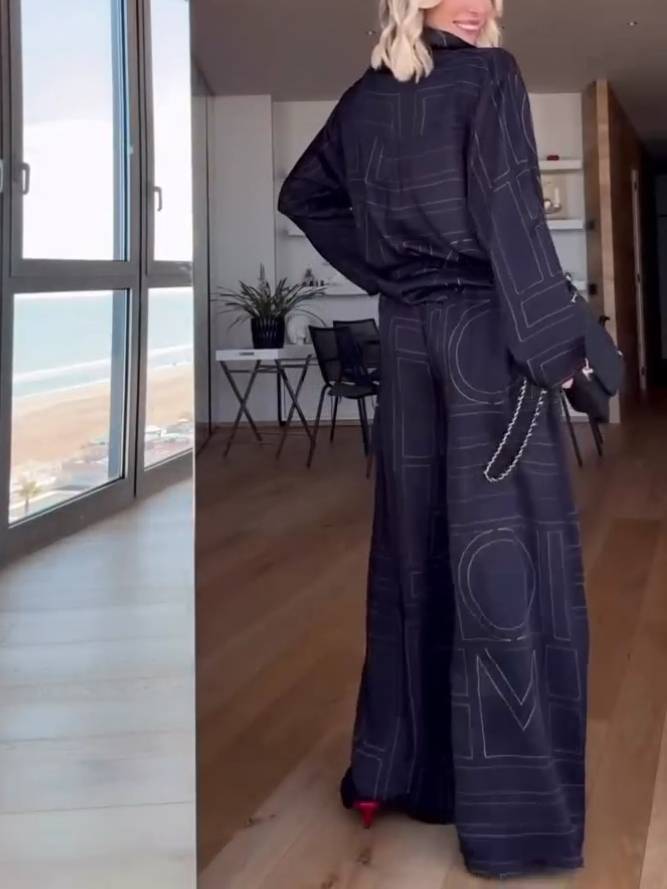 Geometric Letter Print Shirt Wide Leg Suit-Shirt
