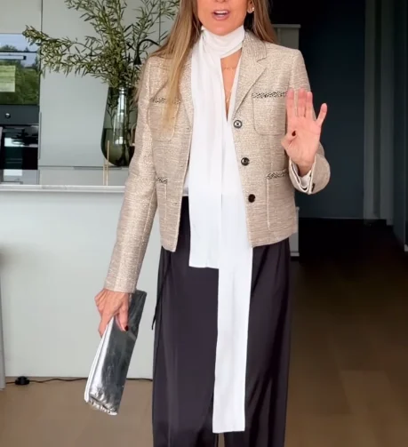 Women's Metallic Textured Tweed Blazer Jacket with Notched Lapel and Pockets [erp-image:79ae0945361212034c617f59]