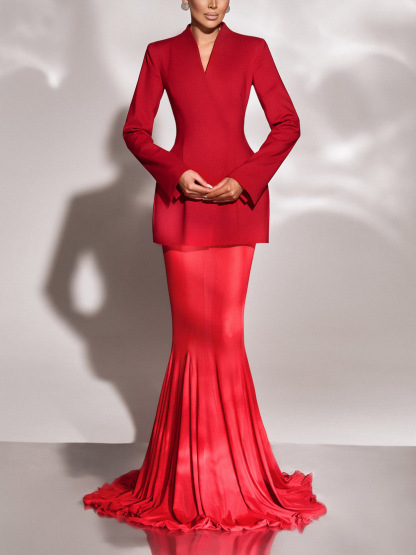 Elegant Asymmetrical Slim Fit Suit Jacket Two-Piece Set