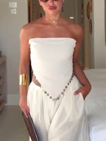 Tube Top Lace-Up Irregular Top And Wide Leg Pants Suit-Top